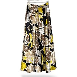 Her Destiny Women Large Yellow Black Floral Satin Maxi Skirt Elastic Waist NWT